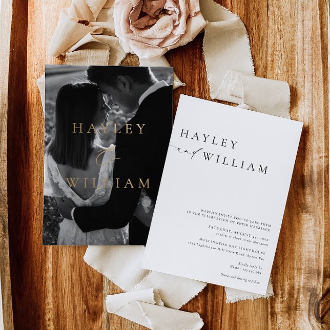 Ellesmere Modern Minimalist Wedding (Photo Wedding Invitation Ellesmere gold foil)