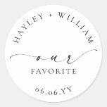 Ellesmere Our Favourite Favour Classic Round Stick Classic Round Sticker<br><div class="desc">These wedding favour stickers feature a minimalist design and calligraphy heading. Personalise the stickers with your names and date, the script heading is not editable. These favour stickers can be used for weddings, bridal showers, baby showers, birthdays, or any other event. For more advanced customisation of this design, simply select...</div>