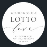 Ellesmere Wishing You A Lotto Love Wedding Classic Round Sticker<br><div class="desc">These lotto ticket wedding favour stickers feature a minimalist design and calligraphy heading. Personalise the stickers with your names and date, the script heading is not editable. These favour stickers can be used for weddings, bridal showers, baby showers, birthdays, or any other event. For more advanced customisation of this design,...</div>