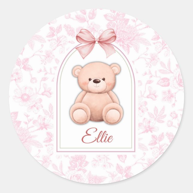 Ellie | Custom Pink Teddy Bear Nursery Design  Classic Round Sticker (Front)