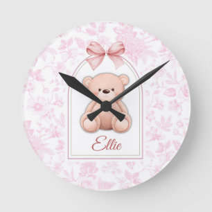 Ellie Custom Pink Teddy Bear Nursery Design Round Clock