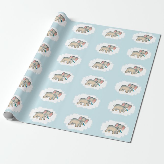 Ellie Elephant and the Bluebird on Blue Wrapping Paper (Unrolled)