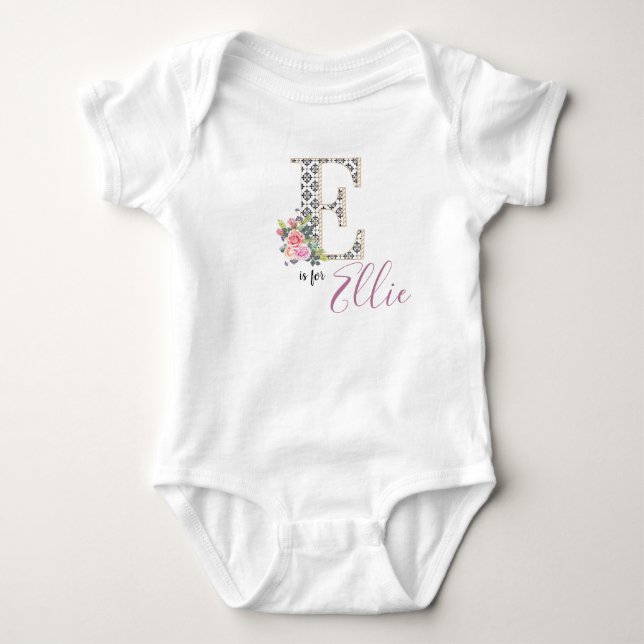 Ellie Name Baby Outfit Letter E Romper Floral Girl Bodysuit (Front)
