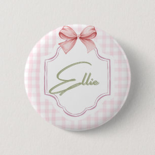 Ellie Personalized Pink Bow & Gingham Print 6 Cm Round Badge