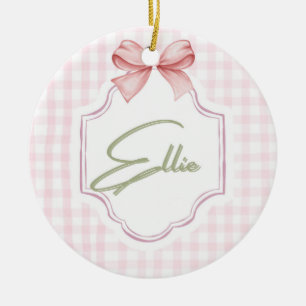 Ellie Personalized Pink Bow & Gingham Print Ceramic Ornament