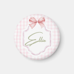 Ellie Personalized Pink Bow & Gingham Print Magnet