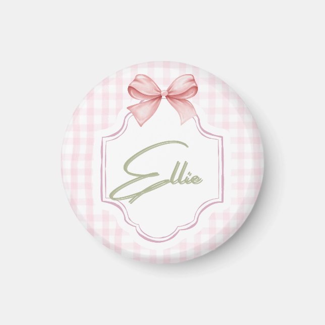 Ellie Personalized Pink Bow & Gingham Print  Magnet (Front)