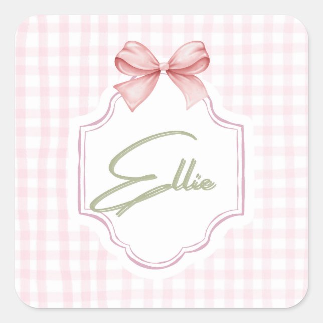 Ellie Personalized Pink Bow & Gingham Print  Square Sticker (Front)