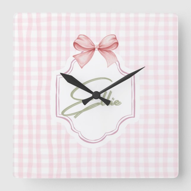 Ellie Personalized Pink Bow & Gingham Print  Square Wall Clock (Front)