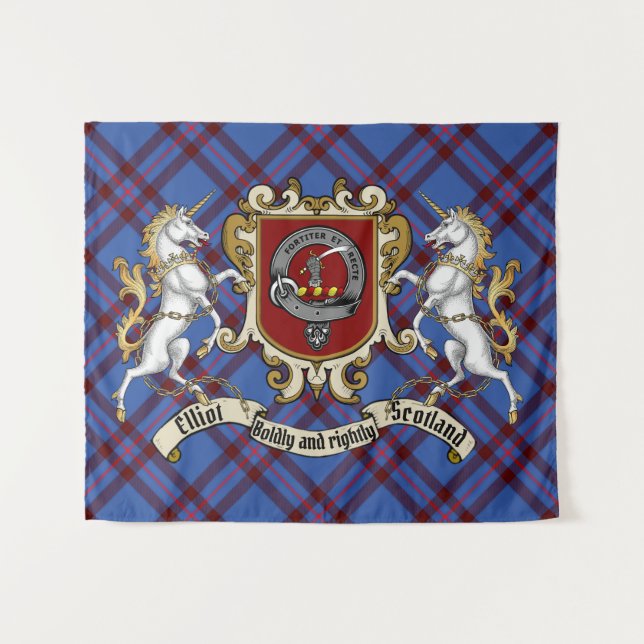 Elliot Clan Badge & Unicorns w/Tartan  Tapestry (Front (Horizontal))