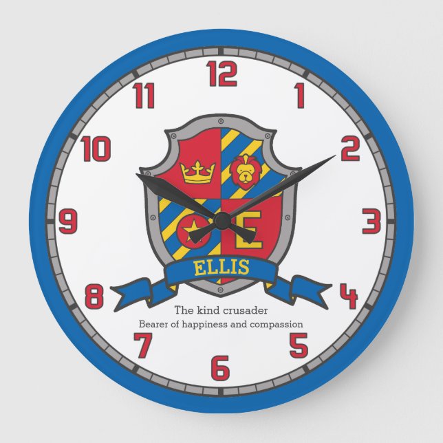 Ellis name meaning heraldry shield letter E lion Large Clock (Front)
