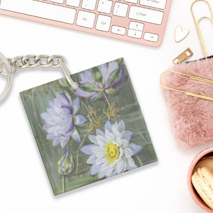 Ellis Rowan Blue White Water Lily Vintage Flowers Key Ring