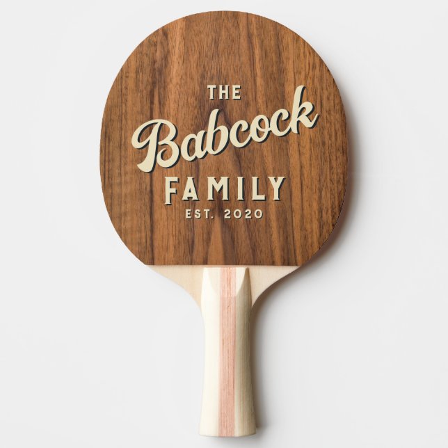Elm Wood Retro Family Name & Year Ping Pong Paddle (Front)