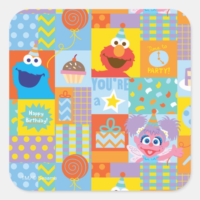 Elmo, Abby, and Cookie Monster Birthday Pattern Square Sticker (Front)