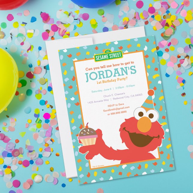 Elmo - Cupcake & Confetti 1st Birthday Invitation (Card on table)