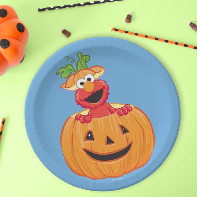 Elmo | Halloween Jack-O-Lantern Paper Plate (Plate on table)