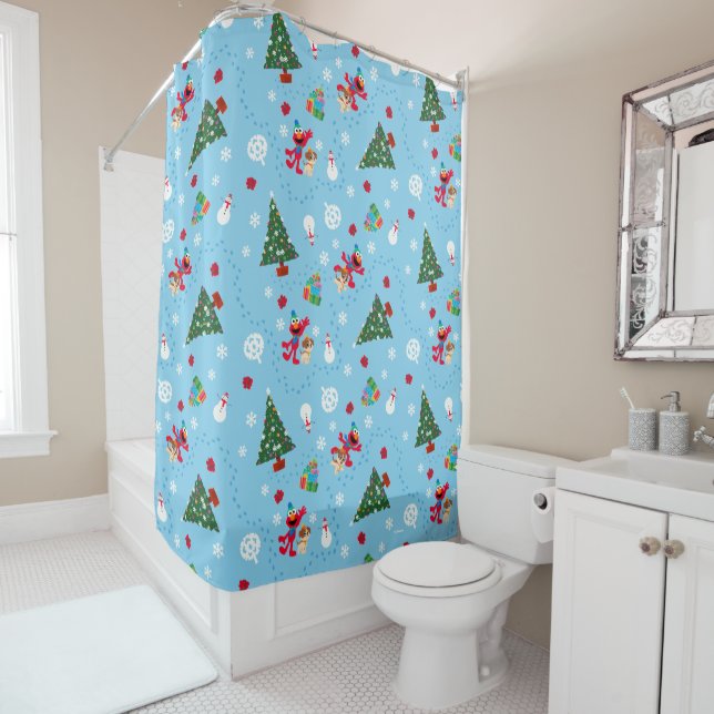 Elmo & Tango Blue Christmas Pattern Shower Curtain (In Situ)