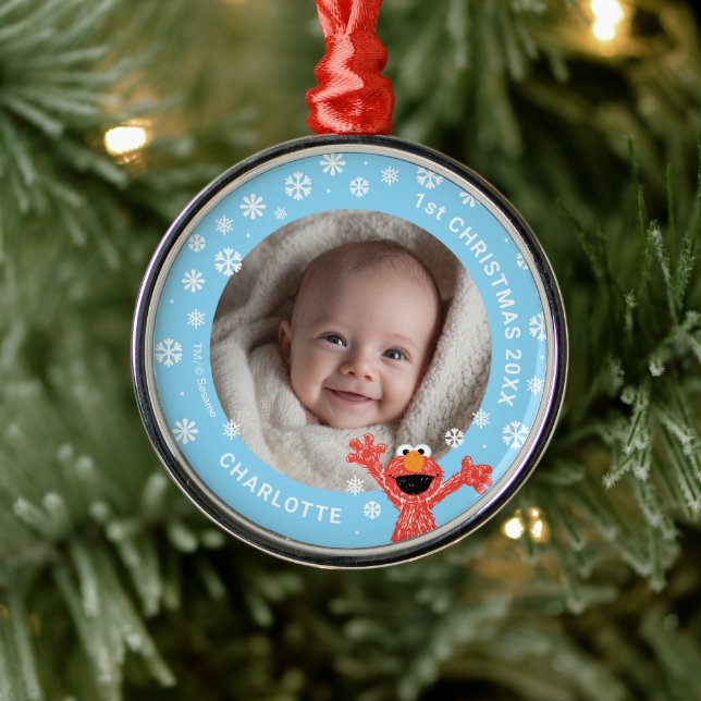 Elmo's Baby's 1st Christmas Photo Metal Ornament (Tree)