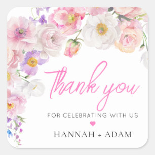 Eloise Pink Floral Thank You Favour Square Sticker