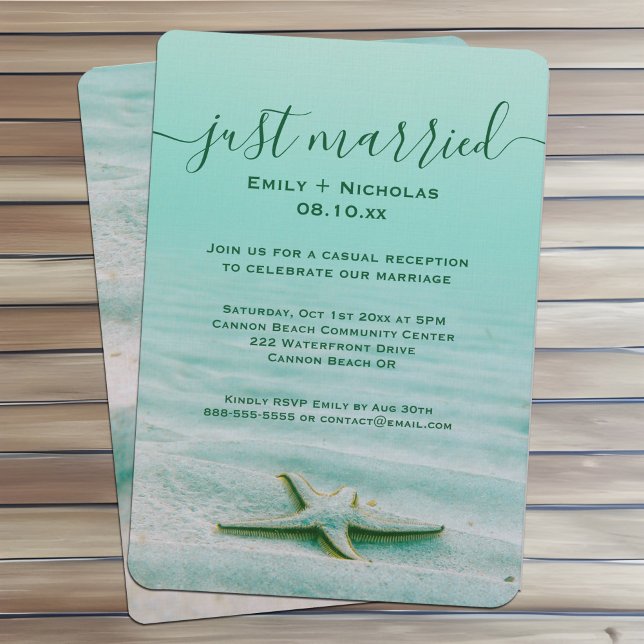 Eloped Aqua Starfish Beach Reception Party Coastal Invitation (Starfish casual beach elopement reception party invitations with a coastal Summer beach theme)