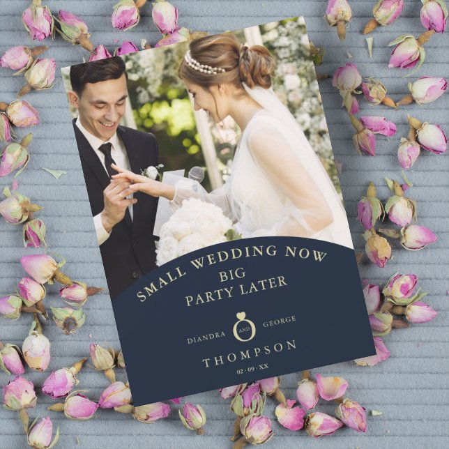 Eloped Navy Elegant Golden Photo Invitation (Creator Uploaded)
