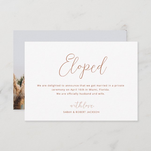 eloped, thin sript wedding announcement (Front/Back)