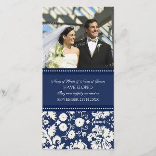 Elopement Announcement Photo Card Blue Damask
