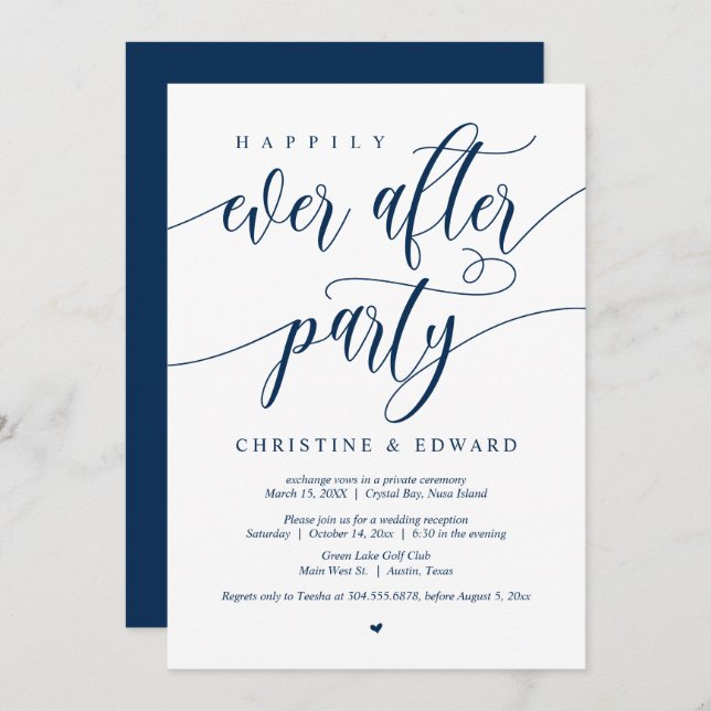Elopement, Happily Ever After Party, Navy Blue Inv Invitation (Front/Back)