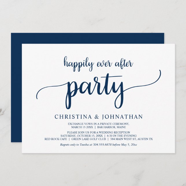 Elopement, Happily Ever After Party, Navy Blue Invitation (Front/Back)