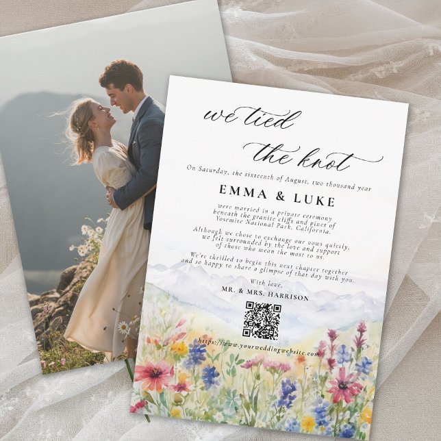 Elopement Wild Mountain Photo Wedding Announcement (elopement wedding announcement card qr code mountain wildflowers meadow watercolor photo qr)