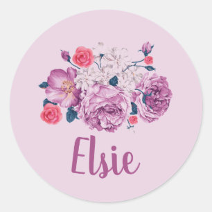 Elsie Name Floral Custom Vintage Flower Pink Girl Classic Round Sticker