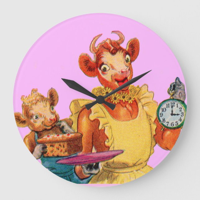 Elsie the Cow and daughter Beulah - It's Cake Time Large Clock (Front)