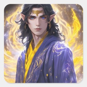 Elven Mage with Fire & Stars: Fantasy Art Square Sticker
