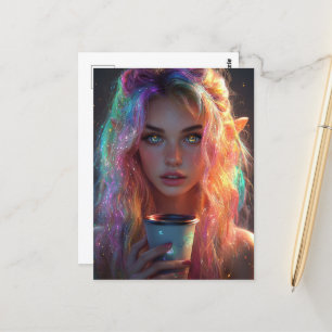 Elven Woman With a Coffee Postcard