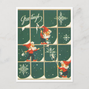Elves Christmas Holiday Decorating Window Retro Postcard