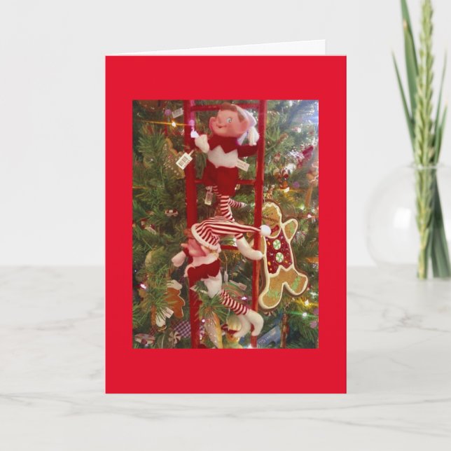 **ELVES DECORATING THE TREE**  SAY MERRY CHRISTMAS HOLIDAY CARD (Front)