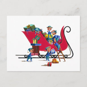 ELVES FILLING SANTA'S SLEIGH by SHARON SHARPE Holiday Postcard