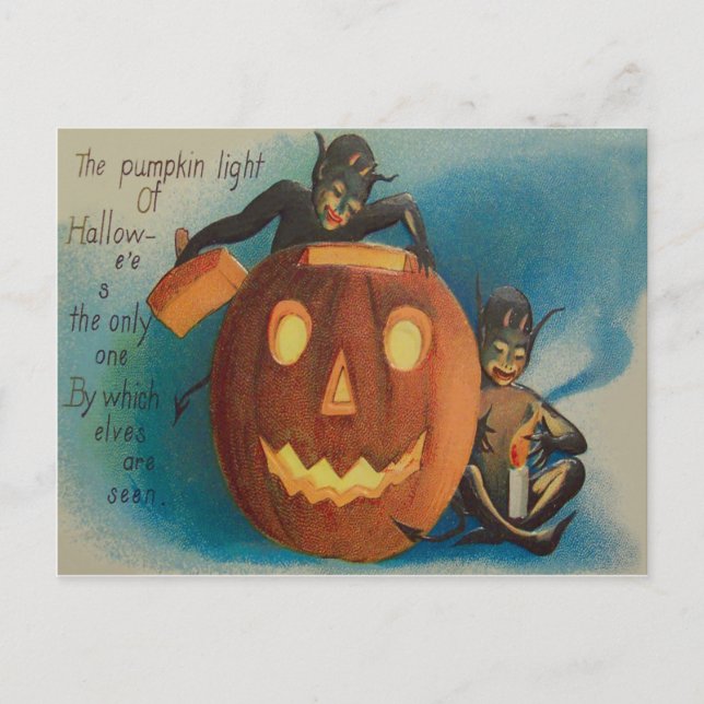 Elves Goblins Candle Jack O' Lantern Pumpkin Postcard (Front)
