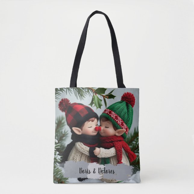 Elves Hug Under the Mistletoe Tote Bag (Front)