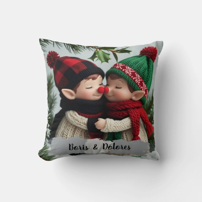 Elves Hugs Under the Mistletoe Cushion (Front)