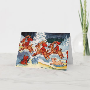 Elves Racing Yule Goats! Holiday Card