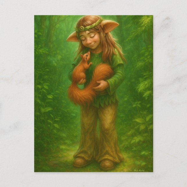 Elves with squirrels - in the magic forest postcard (Front)