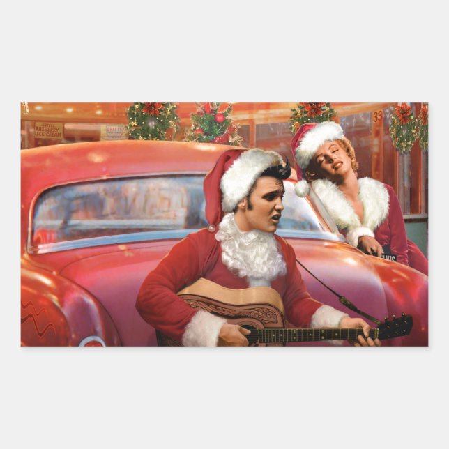 Elvis and Marilyn Christmas Rectangular Sticker (Front)