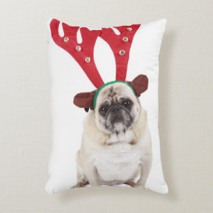 Embarrassed looking Pug wearing Reindeer Antlers Decorative Cushion