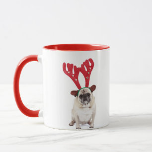 Embarrassed looking Pug wearing Reindeer Antlers Mug