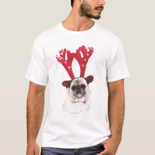 Embarrassed looking Pug wearing Reindeer Antlers T-Shirt