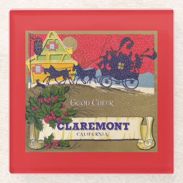  Embellished fruit crate label - Claremont CA Glass Coaster (Front)