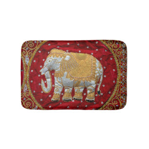 Embellished Indian Elephant Red and Gold Bath Mat