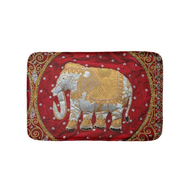 Embellished Indian Elephant Red and Gold Bath Mat (Front)