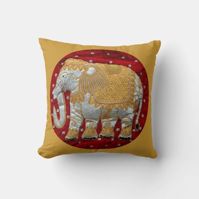 Embellished Indian Elephant Red and Gold Cushion (Front)